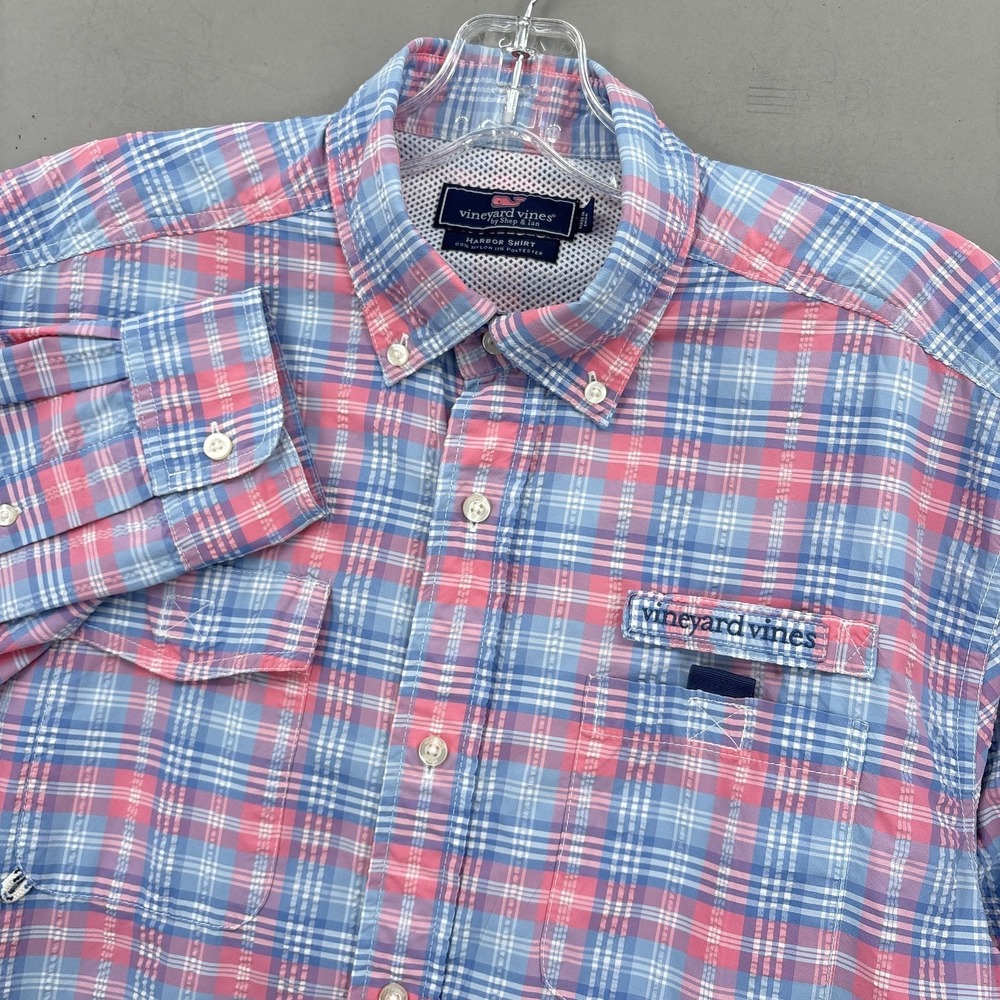 Vineyard Vines Shirt Mens M Pink Blue Plaid Harbor Button Up Long Sleeve Outdoor
